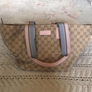 Tan Gucci canvas tote with pink and blue straps